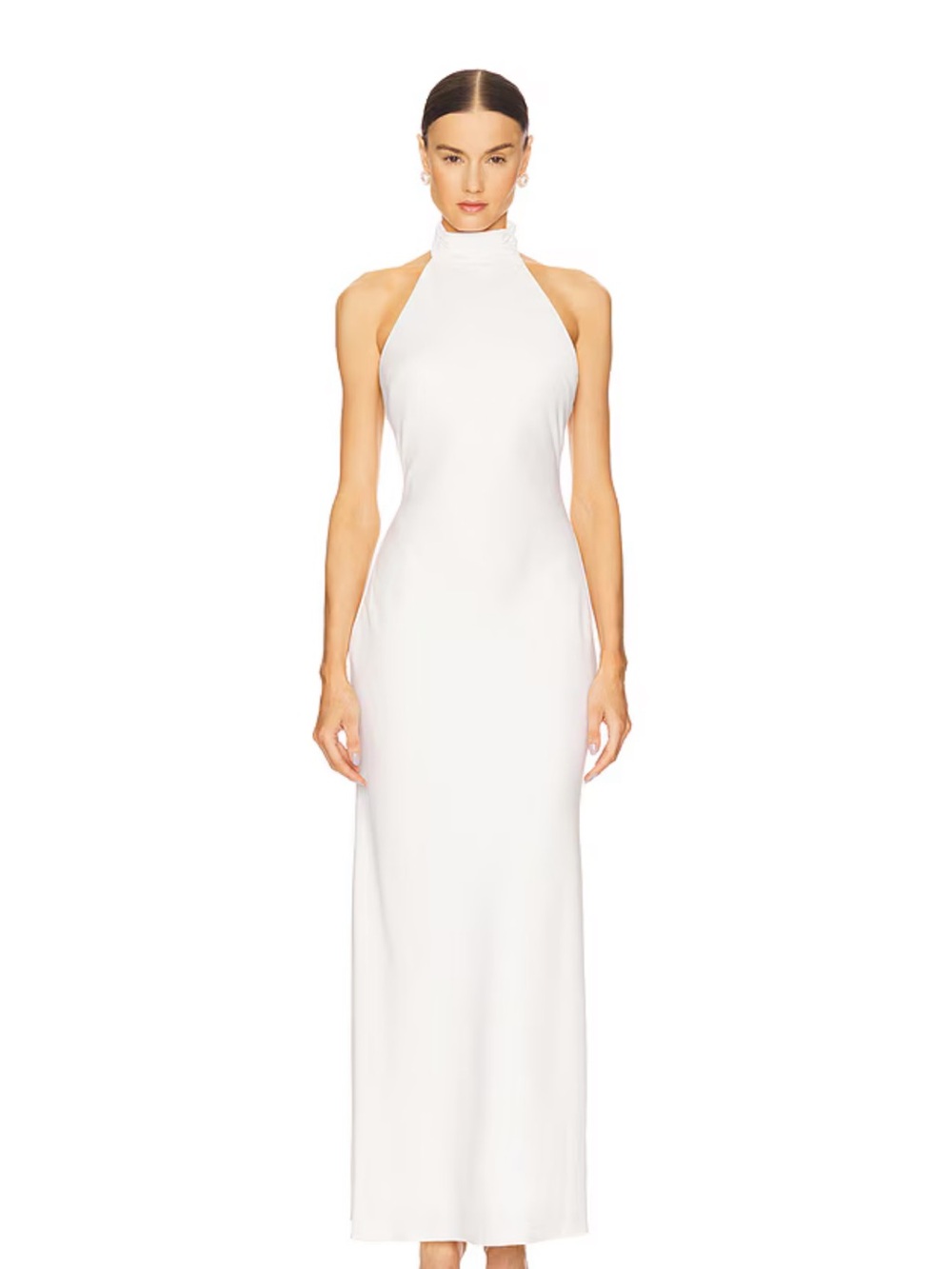 REVOLVE x Misha Evianna Satin White Backless Halter Gown